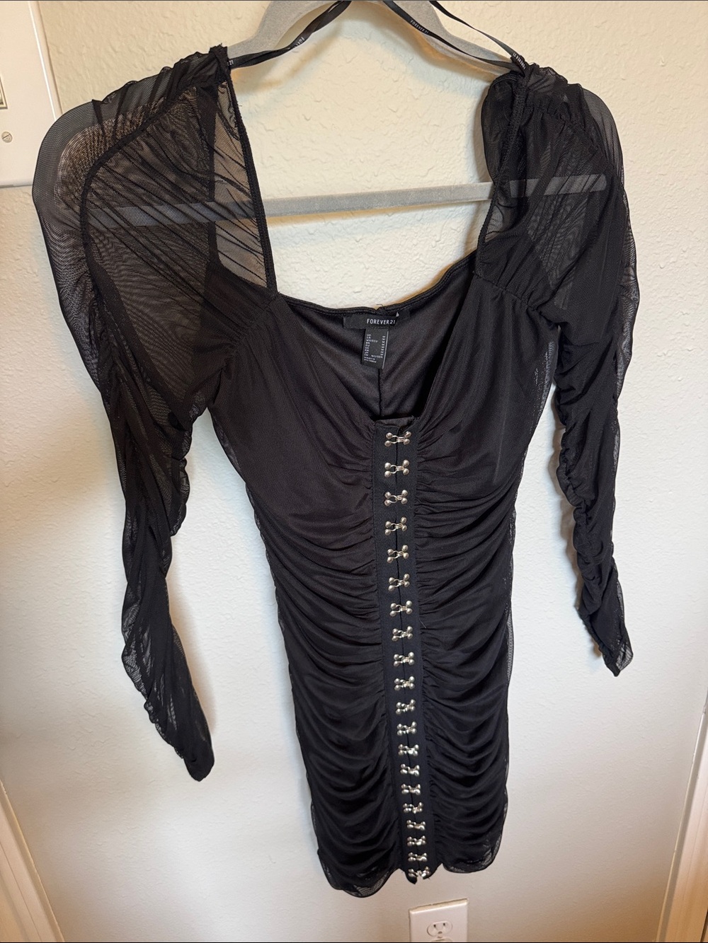 Forever 21 Black Ruched Mini Dress with Sheer Long Sleeves